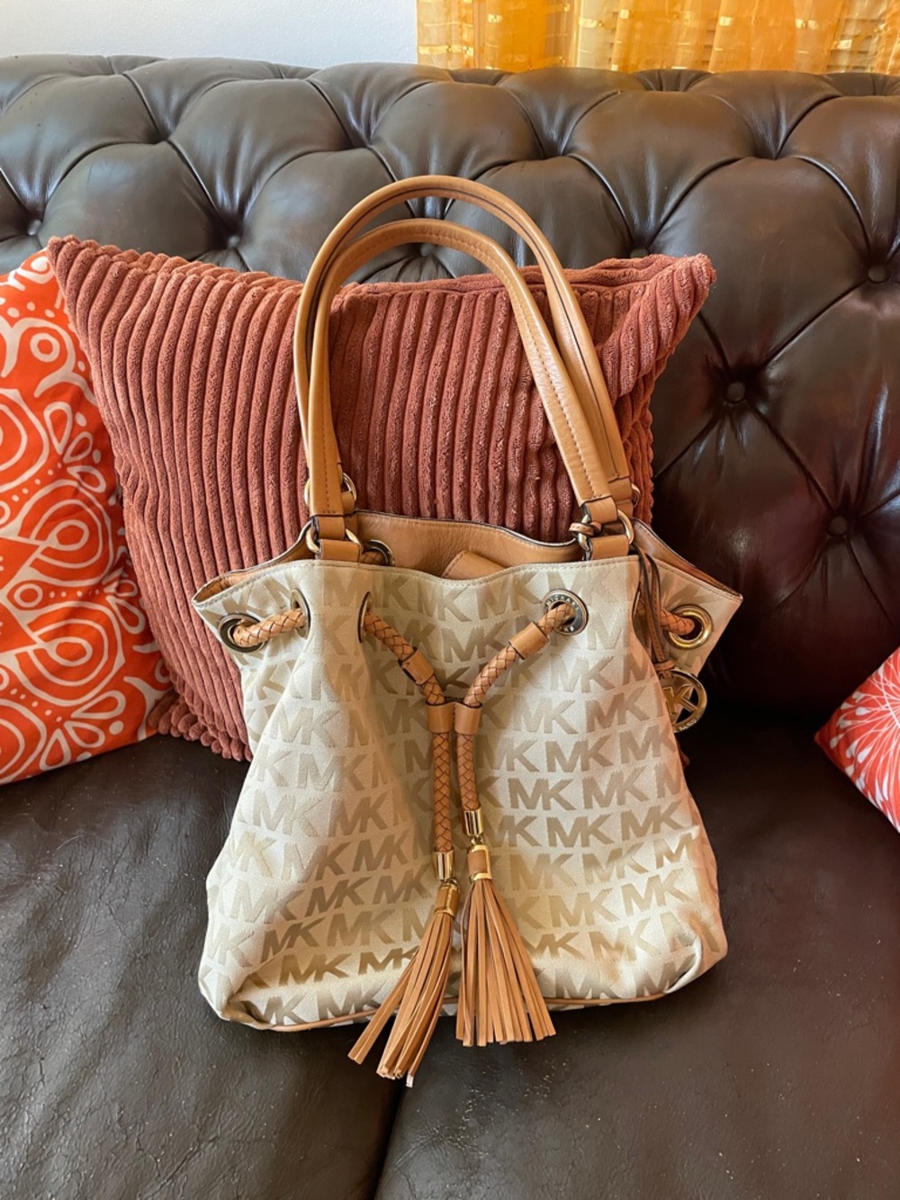 Michael Kors Beige Logo Drawstring Tote with Tan Trim